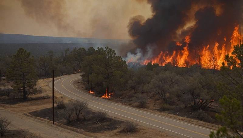 Residents are urged to leave the area as a wildfire rages.