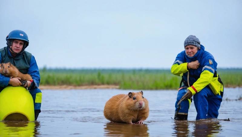 After the Russian floods, rescuers saved families and farm animals as well as a pet hamster.